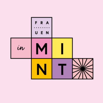 Bunte Quadrate mit den Buchstaben 'FRAUEN in MINT' und einem stilisierten Sonnenstrahl auf rosa Hintergrund.
