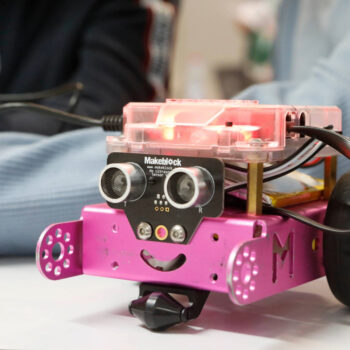 Kleiner pinkfarbener Roboter mit zwei runden Sensoren vorne, die wie Augen aussehen, und einem leuchtend roten Gehäuse oben.