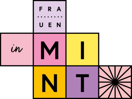 Bunte Quadrate mit den Buchstaben 'FRAUEN in MINT' und einem stilisierten Sonnenstrahl