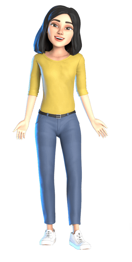 Frau mit schulterlangem schwarzem Haar, gelbem Langarmshirt, blauen Jeans, schwarzem Gürtel und weißen Sneakers, steht aufrecht.