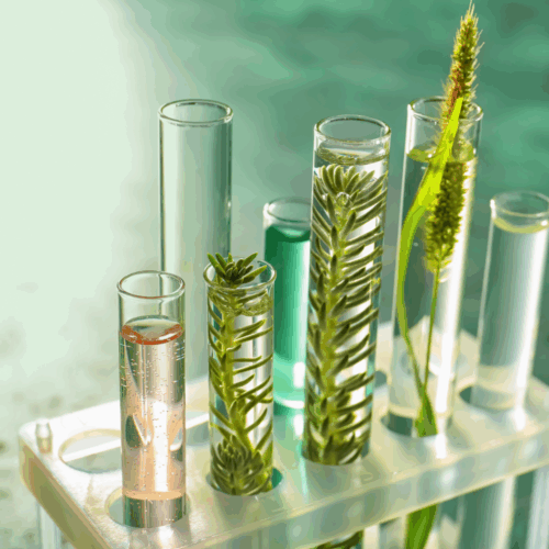 Sechs Reagenzgläser in einem Halter, gefüllt mit klarem Wasser, grünem Wasser und Pflanzenzweigen, darunter ein Grashalm mit Blüte.