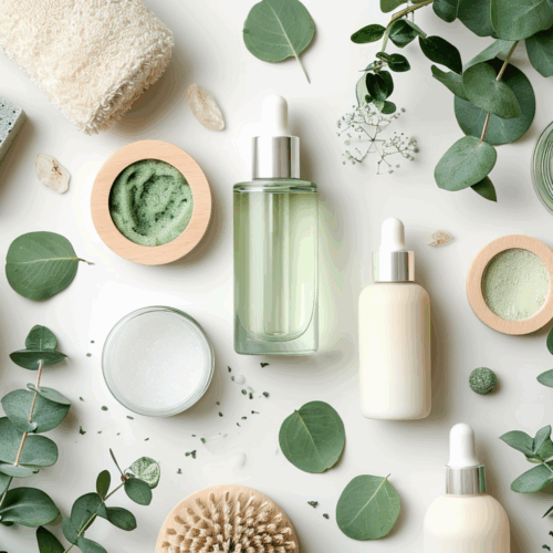 Drei Tropfflaschen mit Kosmetikflüssigkeiten, grüne Blätter, zwei Holzschalen mit grüner und weißer Creme, ein Handtuch und eine Massagebürste auf hellem Untergrund.