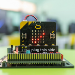 Kleines elektronisches Gerät mit leuchtenden roten LEDs, zwei Tasten und der Aufschrift 'plug this side' auf schwarzem Kunststoffteil.