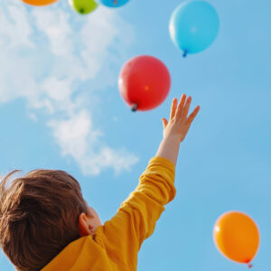 Kind mit gelbem Pullover streckt Arm nach oben zu bunten Luftballons vor blauem Himmel mit Wolken