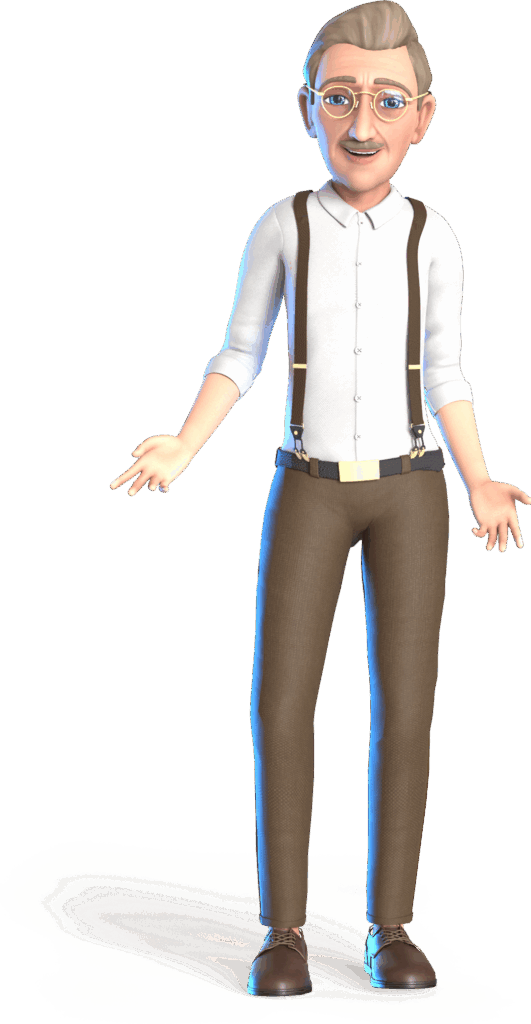 Stehende männliche Figur mit hochgestecktem blondem Haar, weißem Hemd mit hochgekrempelten Ärmeln, braunen Hosenträgern, brauner Hose und braunen Schuhen.